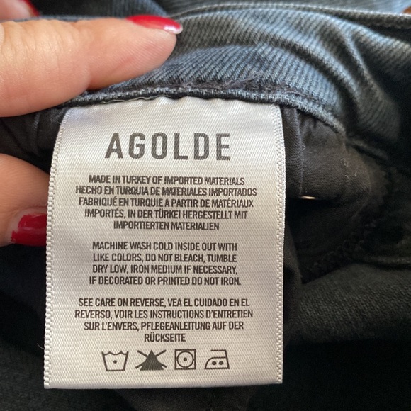 AGOLDE black distressed mid rise stretch straight leg jeans w/ raw cut out cuffs - Picture 13 of 16